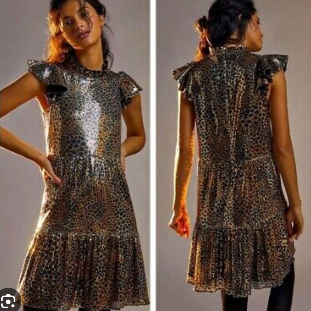 ANTHROPOLOGIE OTHILIA JOELLA GOLD SEQUIN ANIMAL MINI STATEMENT XS DRESS
